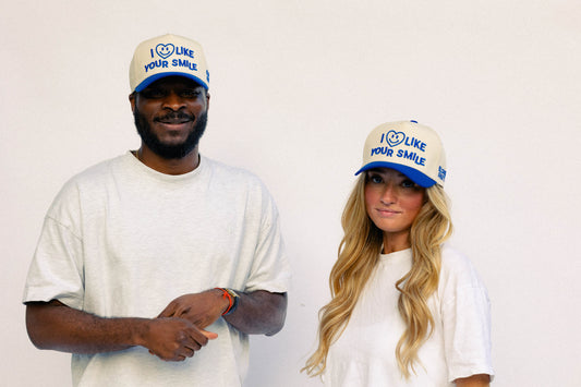 I Like Your Smile Hat – Ivory & Blue – High-Profile Trucker