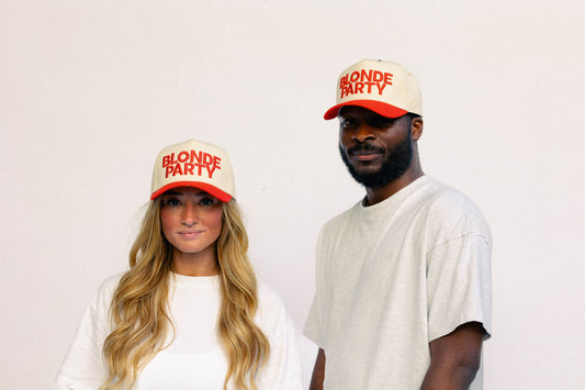 Blonde Party Signature Hat – Ivory & Red – High-Profile Trucker