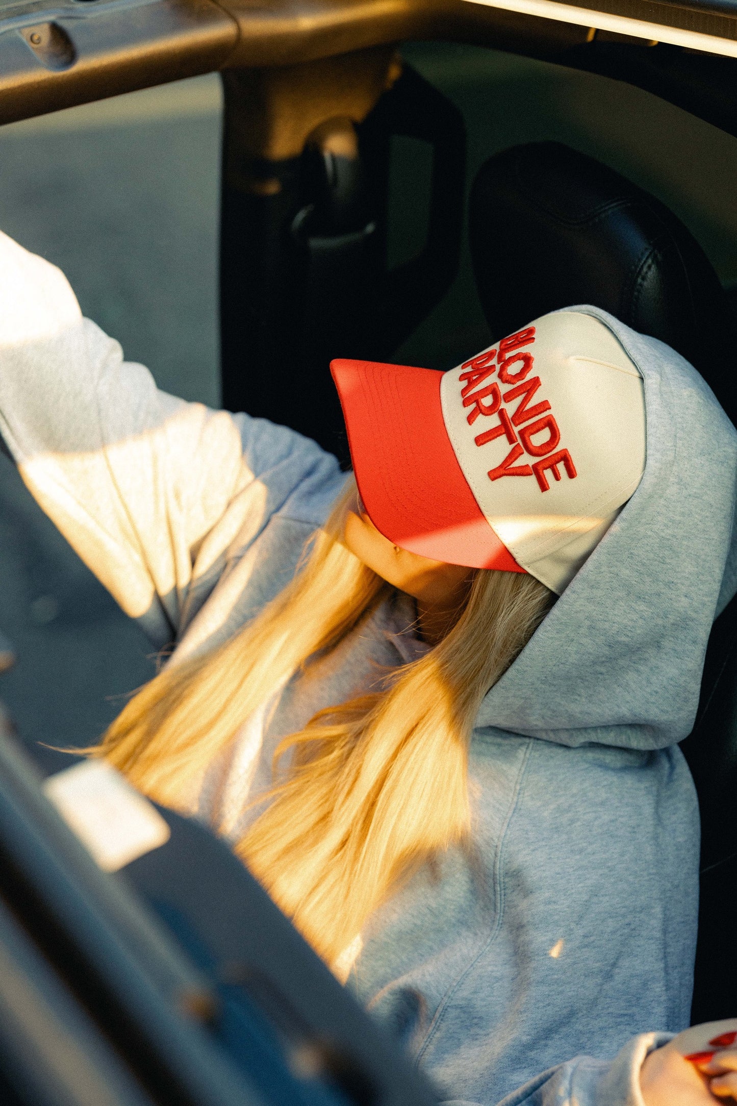 Blonde Party Signature Hat – Ivory & Red – High-Profile Trucker