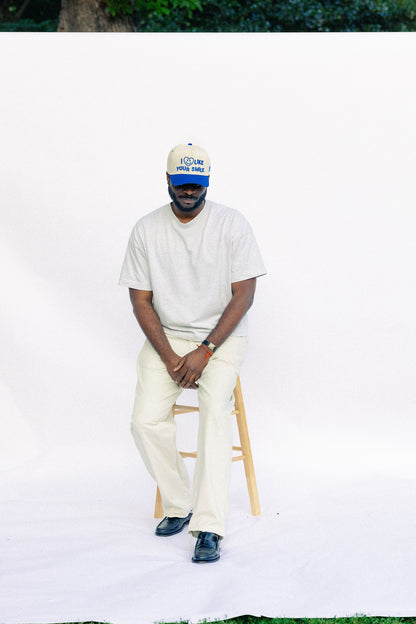 I Like Your Smile Hat – Ivory & Blue – High-Profile Trucker