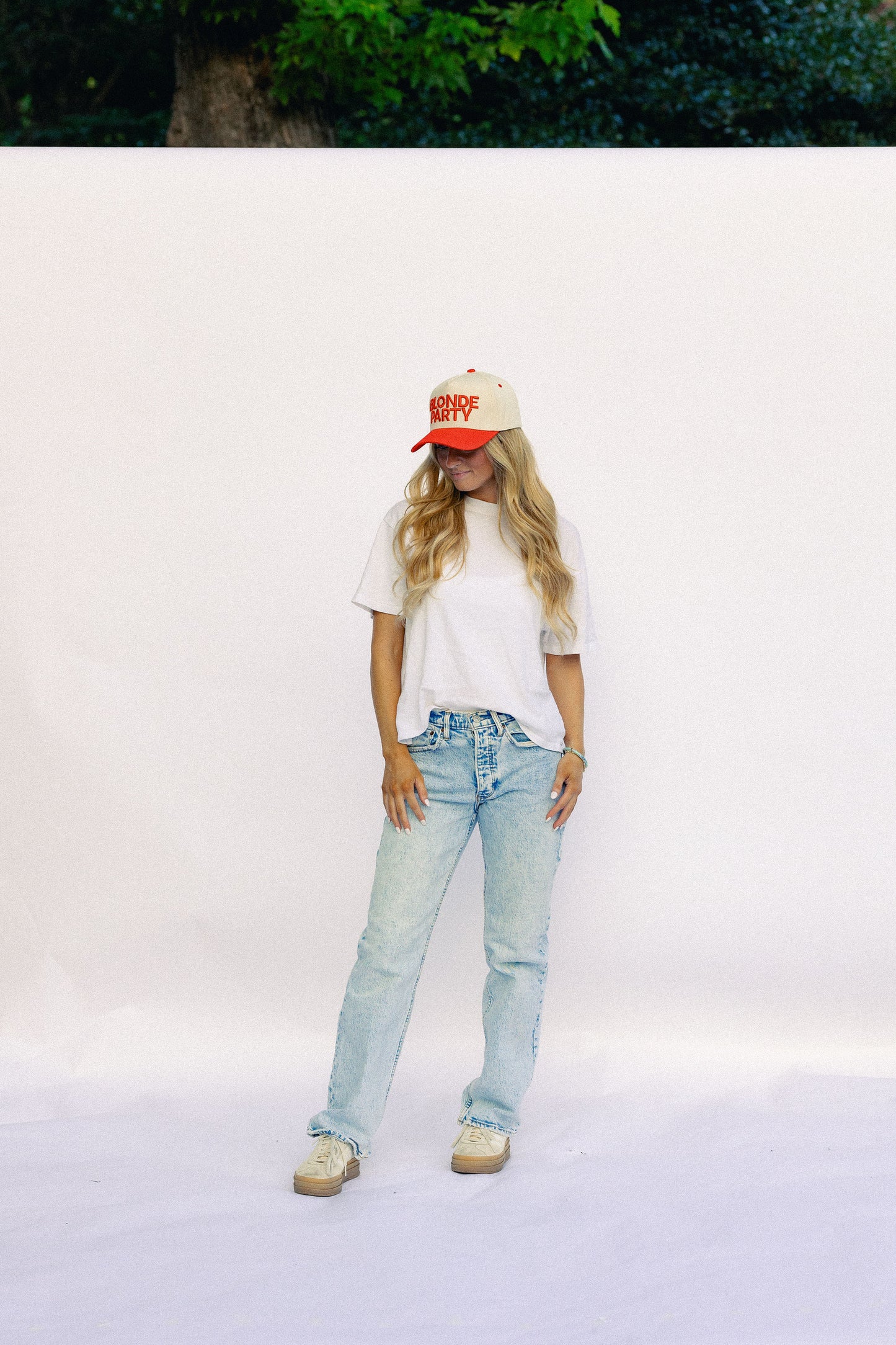 Blonde Party Signature Hat – Ivory & Red – High-Profile Trucker