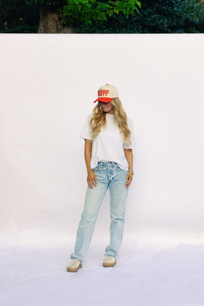 Blonde Party Signature Hat – Ivory & Red – High-Profile Trucker